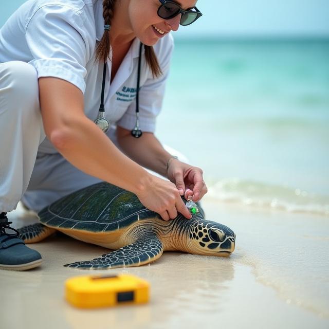 研究者がウミガメに識別タグを装着している様子