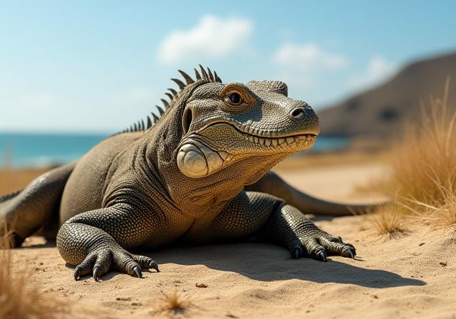 コモド島で日光浴をするコモドドラゴン